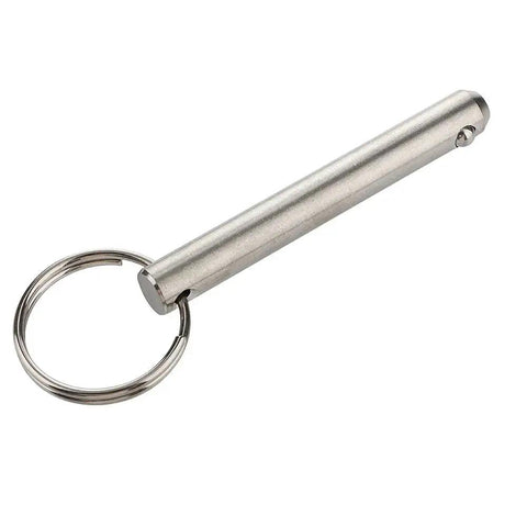 Set Of 2 Large Quick Release Pins With 316 Stainless Steel For Bimini Tops And Boat Tops Three Eighths Inch Diameter Usable Length Two Point Four Inches Overall Length Three Inches Spring Loaded Ball Tip Saltwater Ready Boat Gear, shown in side view