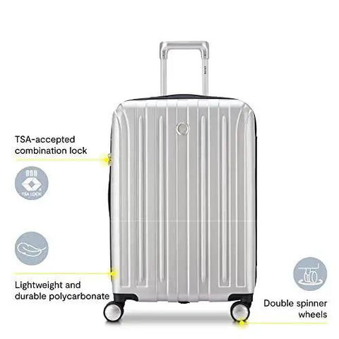Lightweight Titanium Hardside Expandable Spinner Luggage With Scratch Resistant Matte Finish For Ultra Durable Travel And Four Double Spinner Wheels For No Sweat Rolling Delsey Paris Silver Medium 25 Inch Checked Luggage front view