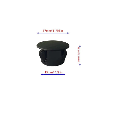 Thirty Pcs Black Plastic Hole Plugs For Cabinet And Screw Holes, 13 Mm Bottom Diameter, cap 17 Mm, side view, dimensions shown