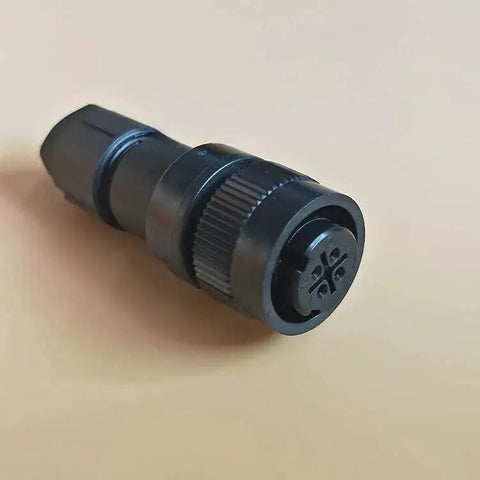 Servo motor encoder plug, circular black connector with knurled grip and multi-pin head