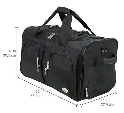 Rolling Duffel Bag With Extra Large Wheels And A Wide U Shaped Opening, Sleek Black 22 Inch Soft Sided Travel Luggage With Heavy Duty Zipper, Four Front Pockets For Quick Access, Easy Glide Mobility, Fashionable Yet Practical Rockland.
