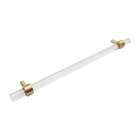 Brushed Brass And Clear Acrylic Cabinet Pulls, Modern T Bar Design, 11.2 Inch Total Length, 9 Inch Hole Center, 14mm Handle Diameter