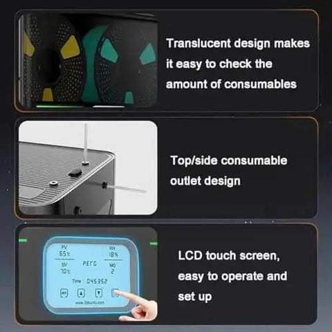 Filament Dryer Box For 3D Printers With Auto Humidity Control showing translucent design, top outlet, and LCD touch screen features.