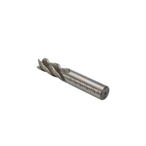 Rugged Five Eighths Inch End Mill Bit With Four Flutes HSS High Speed Steel Milling Cutter For Side And End Milling In Carbon Steel Alloy Steel Die Steel Cast Iron And Titanium Five Eighths Inch Shank By Rannb, side view.