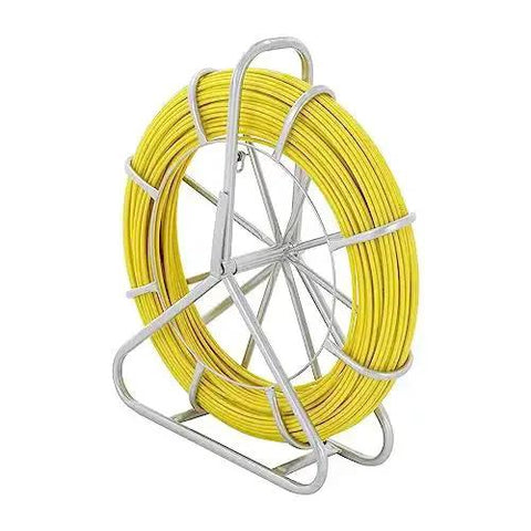 Fiberglass Fish Tape 425 Foot Long Quarter Inch With Pro Grade Durable Stand visible with yellow reel and metal frame
