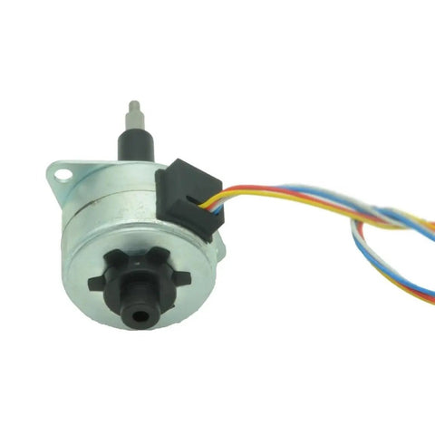 Close-up of 35mm Permanent Magnet Micro Screw Stepper Motor with 5V, 12V, or 24V options, showing captive PM stepper and wiring.
