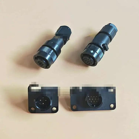 Two black circular servo motor encoder connectors with multi-pin sockets and panel-mount bases