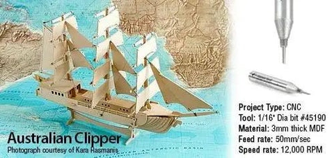Australian clipper model on map with CNC tool details, 1/16" diameter bit, 3mm MDF material, 50mm/sec feed rate, 12000 RPM.