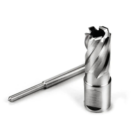 Heavy Duty Annular Cutter For Magnetic Drill Press OSCARBIDE With Pilot Pin Eleven Sixteenth Inch Cutting Diameter And One Inch Depth Of Cut Three Quarters Inch Weldon Shank Two Flats Magnetic Drill Bit For Faster Holes Go To Tool One Piece visible with pilot pin and cutting edges.