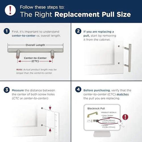 Infographic on choosing the right replacement pull size with four steps, including measuring center-to-center distance for cabinet handles.