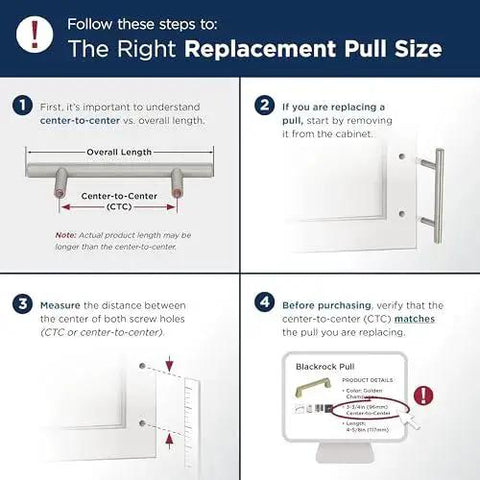 Instructions on measuring the right replacement pull size, center-to-center guide for cabinet pulls, visual step-by-step process.