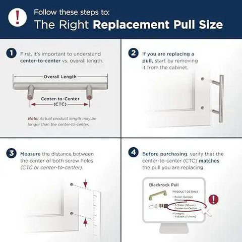 Infographic on selecting the right replacement pull size, featuring center-to-center measurement instructions and diagrams for cabinet handles.