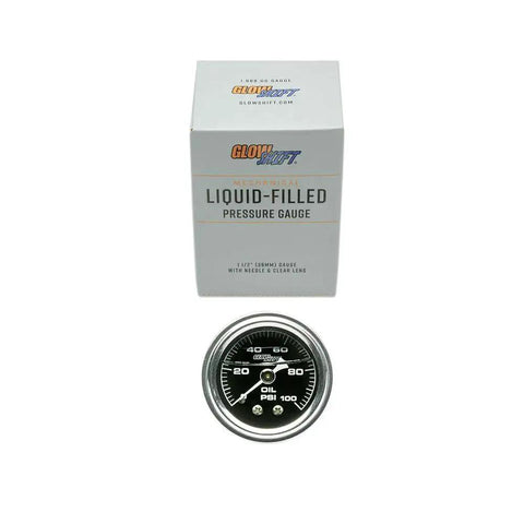 Liquid Filled Mechanical Oil Pressure Gauge 0 To 100 Psi With 1-1/2 Inch Black Dial White Needle Clear Lens shown with packaging