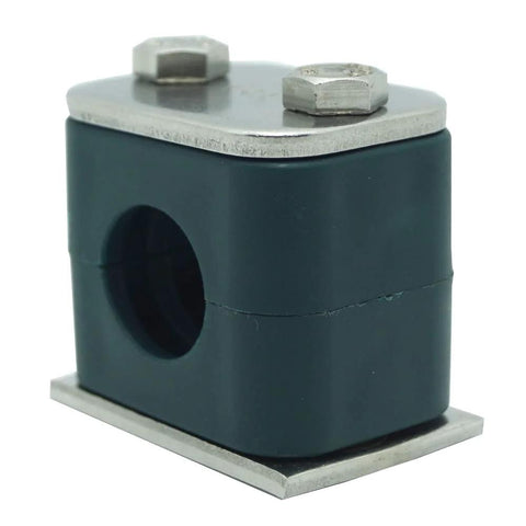 33.7mm OD STAUFF polypropylene pipe clamp with blue body, SS316 top plate and metric bolts