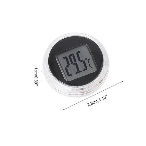 Stick On Waterproof Digital Thermometer For Motorcycles With 3M Adhesive, 27.5mm diameter, 10mm thick, front view, black display.