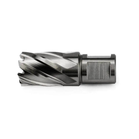 Side view of Seven Eighths Inch Annular Cutter For Magnetic Drill Press With One Inch Cutting Depth And Three Quarter Inch Weldon Shank With Two Flats Pilot Pin Dual Alternating Teeth For Fast Hole Cutting.