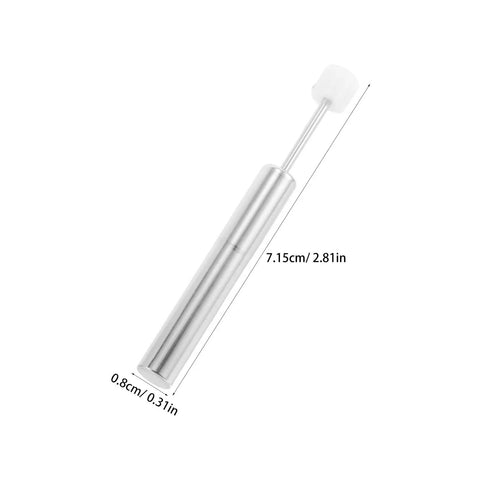 Universal Trash Can Lid Damper Replacement Soft Close Hydraulic Piston, 7.15cm length, 0.8cm width, metal finish, side view.