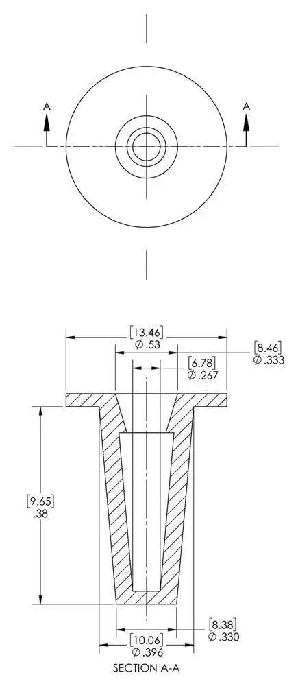 Technical drawing of T Series Red LDPE Plastic Tapered Cap And Plug For Dust And Moisture Seals, 0.267 in OD Cap, 0.396 in ID Plug