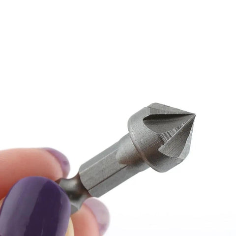 Close-up of 2 Pcs 90 Degree Countersink Drill Chamfer Bits With 1 Quarter Inch Hex Shank for woodworking and carpentry use.