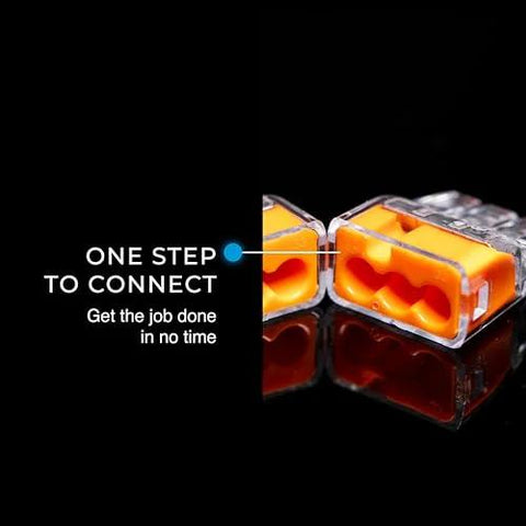 3-port push-in wire connector, orange housing with clear body, two units shown on black background