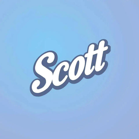 Logo of the Scott brand in white cursive letters on a blue background.