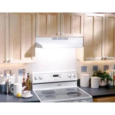 Ductless 30 Inch Range Hood Insert With LED Lighting For Under Cabinet White installed in kitchen