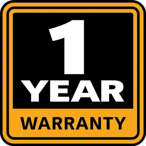 Warranty badge displaying "1 Year Warranty" on a yellow-bordered black background.
