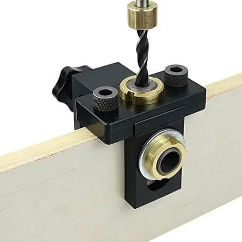 3 In 1 Doweling Jig Drill Kit With Adjustable Guide For Woodworking Pocket Holes And Embedded Nuts Bolts And Eccentric Nuts on wood