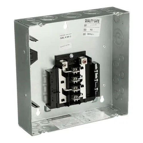 Interior view of Single 125A Outdoor Main Lug Load Center, 8 Spaces / 16 Circuits, Weatherproof NEMA 3R panel, 22,000 AIC rated.