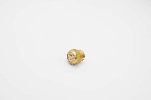 Close-up of a single Pneumatic Air Muffler Silencer with beefy brass and sintered bronze, 1/8 inch NPT thread, for solenoids, low noise performance.