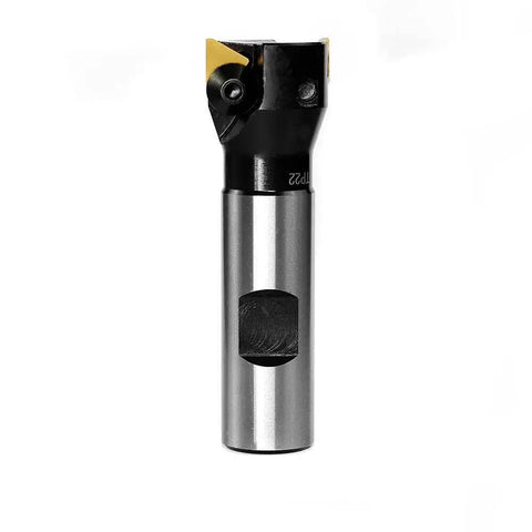 Front view of Three Quarters Inch Straight Shank Indexable End Mill With One Inch Cutting Diameter And Three And A Quarter Inch Overall Length Tin Coated TP22 Inserts TPCN1103PDTR Two Flutes 2 Pack Carbide Milling Tool For Aluminum And Steel