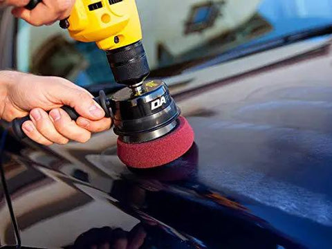 Person using a buffer on a car's surface for paint correction with Ultimate Compound Pro Grade Car Scratch Remover For Killer Shine And Glossy Paint Finish Defect Removal Paint Correction Compound For Single Stage And Clear Coat 15.2 Oz.