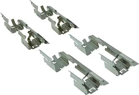 Brake pad hardware clips, top-down view, five silver metal retainers for front disc brakes