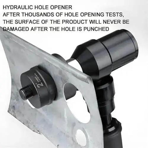Rechargeable Hydraulic Hole Punch Kit With 80KN Capacity on a metal sheet, close-up of punch tool operation.