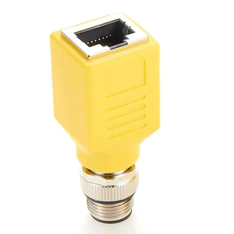 M12 To RJ45 Ethernet Adapter Cat6 Shielded IP67 Waterproof Bulkhead Connector for Industrial Automation, yellow casing, close-up view