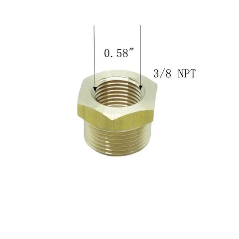 Brass Pipe Reducer Adapter Three Eighths Inch NPT Female To M22 By 1.5 Metric Male Fitting with visible 0.58 inch measurement.