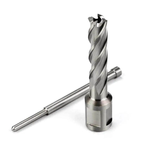 1/2 Inch HSS Annular Cutter for Magnetic Drill Press with 2 Inch Cutting Depth, 3/4 Inch Weldon Shank, 2 Flats, and Pilot Pin shown