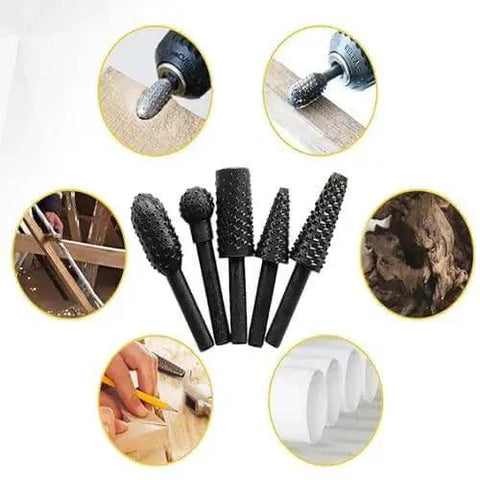 Five Piece Rotary Burr Set For Carving And Grinding With Five Shaped Bits For Wood Metal And Plastic Detailing Perfect For DIY Projects And Crafts In A Durable Black Finish And Built To Handle Heavy Duty Material Removal Like A Boss displayed with usage examples