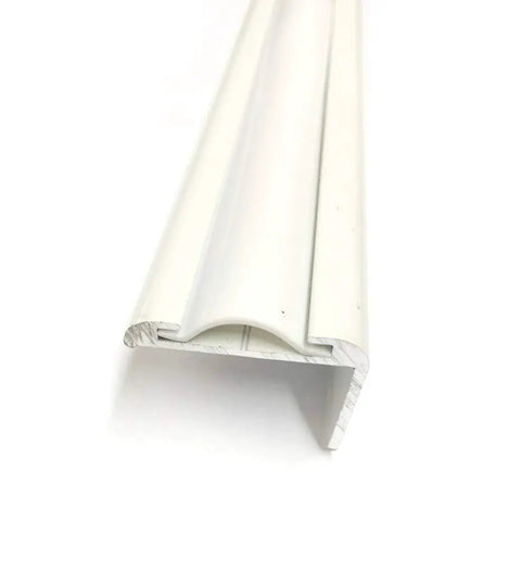 Close-up of White Vinyl 7/8 Insertion Trim Screw Cover For RV Camper Travel Trailer 35 ft showing flexible material