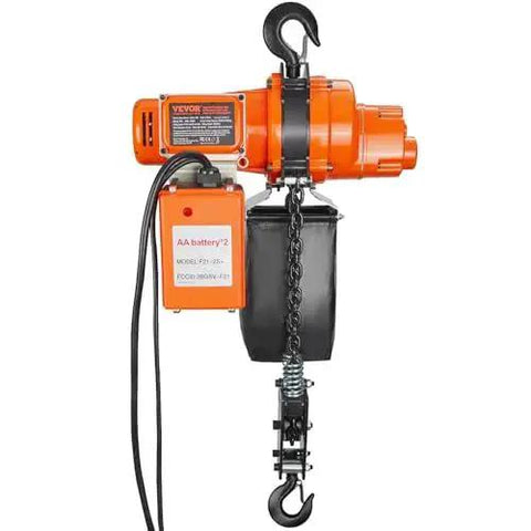 Front view of Electric Chain Hoist 2200 Lb 20 Ft Lift 120V Single Phase Remote Control with hook and chain.