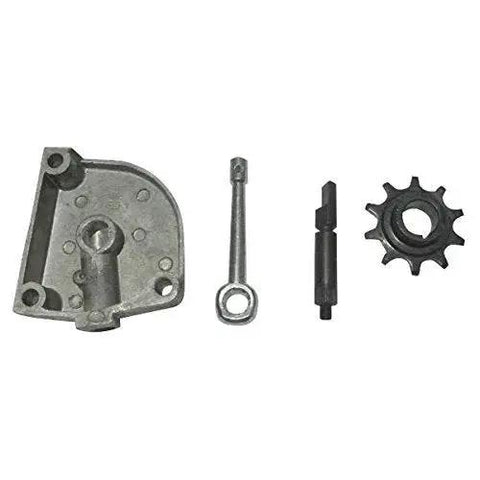 JRL 10T clutch gear drive sprocket kit for 49cc–80cc motorized bike; four metal parts: housing, arm, pin, sprocket