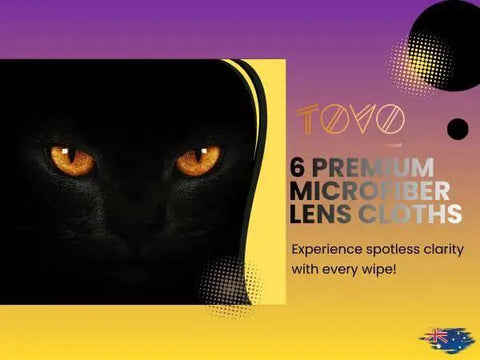 6 pack of premium microfiber lens cloths for glasses and cameras with a black cat design on colorful background.