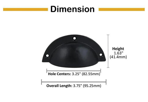 Set Of 10 Cast Iron Cup Drawer Pulls With Black Coated Finish, Dimensions 3.75 by 1.63 Inches And 3.25 Inch Cup Diameter, front view