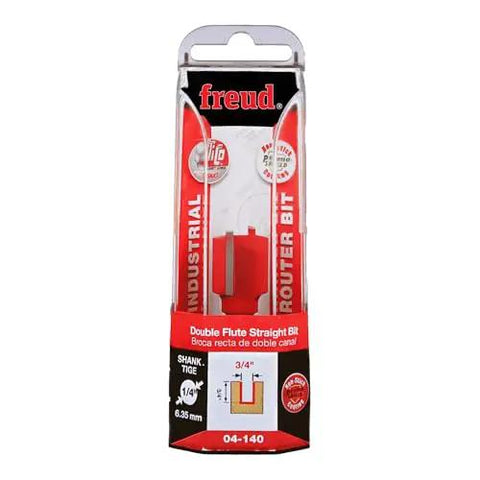 Packaging of Three Quarter Inch Double Flute Straight Router Bit With One Quarter Inch Shank, Two Cutter Carbide Hi Density
