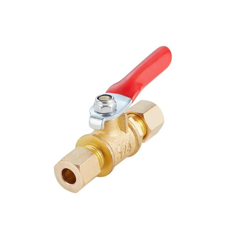 Brass Ball Valve Shut Off Switch for Tubing Fittings Heavy Duty Straight Coupling Adapter Two Pack One Quarter Inch Compression to One Quarter Inch Compression Lead Free Brass with Red Handle Rustproof Corrosion Resistant Easy On Off 180 Degree Shutoff