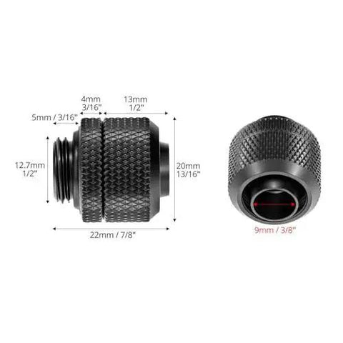 Detailed view of a Six Pack Copper Compression Fittings For Water Cooling Systems For Gaming Rigs And PC Setups with measurements