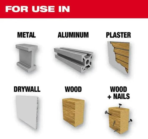 Image showing materials like metal, aluminum, plaster, drywall, wood, and wood with nails for ice hardened two and a half inch hole saw use.