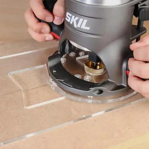 Router with Brass Router Template Bushing Set 10 Piece With 8 Guide Bushings And 2 Lock Nuts Installing on Wood Template