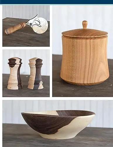 Complete Starter Guide To Woodturning On The Lathe For Beginners With 8 Practical Projects And Beginner Friendly Real World Techniques For Quick Beautiful Turnings Fox Chapel Publishing, showing wooden kitchen items like bowl, jar, and utensils.