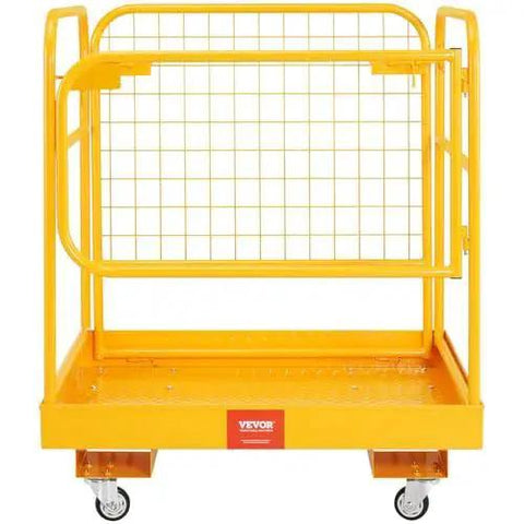 Front view of Forklift Safety Cage Work Platform 1200 Lb Load Capacity Collapsible With Wheels, heavy-duty yellow metal cage on casters.